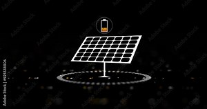 Solar panel, hologram and icon with recharge for photovoltaic, renewable energy or eco friendly environment on a black background. Electricity or power generator with graphic, battery or simulation