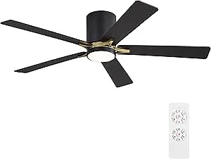 Amazon.com: WINGBO 52" DC Flush Mount Ceiling Fan with Lights, 5 Plywood Blades, 6-Speed Reversible DC Motor, 3CCT, Low Profile Hugger Ceiling Fan for Living Room Bedroom Kitchen, Black and Brass : Tools & Home Improvement