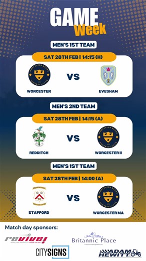 🏉 THIS WEEK’S FIXTURES! 🏉 Three senior teams are in action this Saturday! SAT 28TH FEB | 14:15 (H) Men’s 1st Team vs Evesham The 1s host Evesham at Worcester RFC. Another opportunity to extend the unbeaten run. SAT 28TH FEB | 14:15 (A) Men’s 2nd Team vs Redditch The 2s make the trip to Redditch. SAT 28TH FEB | 14:00 (A) Men’s MA vs Stafford Our MA squad travel to Stafford for a 2pm kick-off. Three teams representing Worcester RFC this weekend. Let’s support them all! 💙💛 Huge thanks to our ma