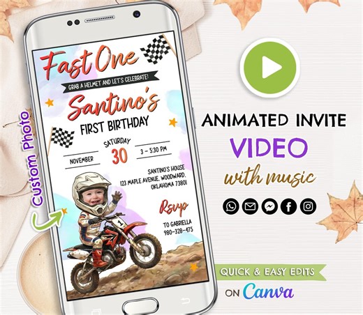 Editable Dirt Bike Birthday Invitation, Motocross Fast One 1st Birthday Animated Video With Custom Photo Music, Racing Party Invite Template - Etsy