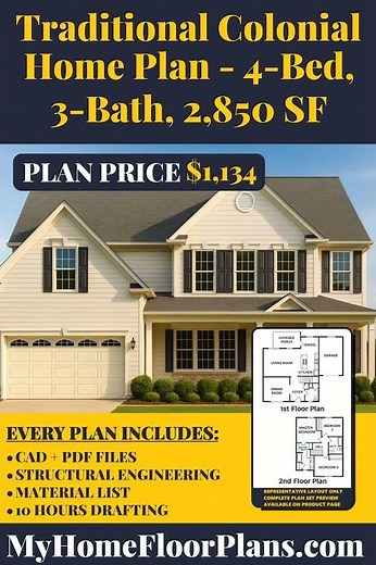 Traditional Colonial Home Plan - 4 Bed, 3 Bath, 2,850 SF