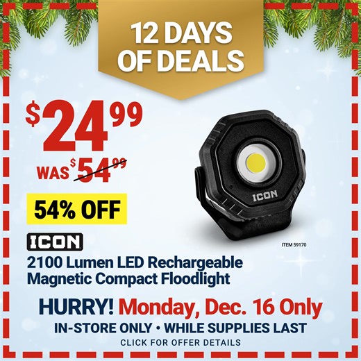 Mon 12/16 only - Save 54% on this ICON Rechargable Magnetic Light! In-store only, while supplies last. | Harbor Freight