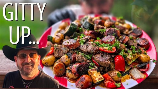 Hearty cowboy stir fry on a griddle for quick outdoor meals