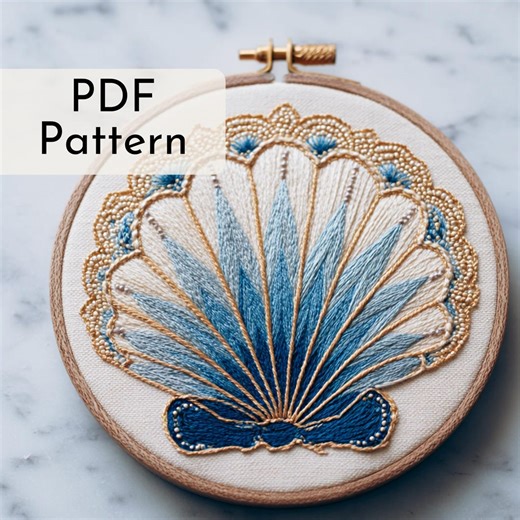 Seashell Embroidery Pattern: Blue Ocean Decor, Mermaid Design, Coastal Stitch, 6 Hoop Sizes - Etsy