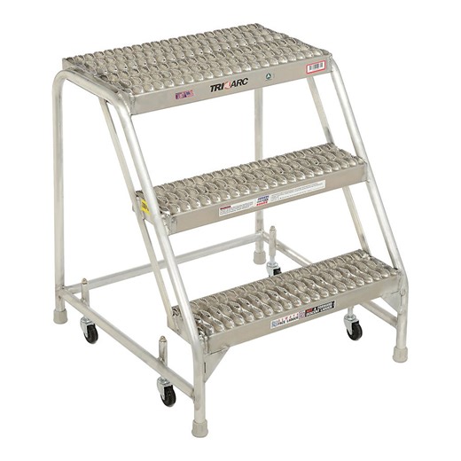 Tri-Arc 3-Step Aluminum Mobile Step Stool with Serrated Tread, 24" Wide Steps, and 14" Deep Top Step WLAR003245 - 350 lb. Capacity