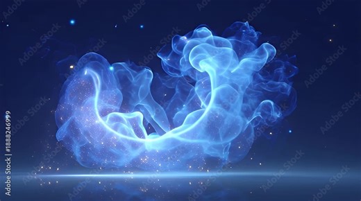 Blue energy particle smoke shockwave.with swirling luminous particles and vapor-like trails,