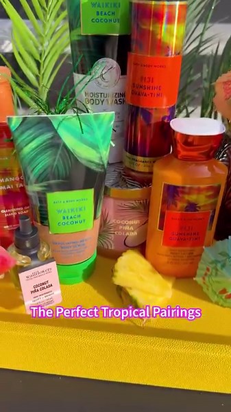 16K views · 781 reactions | Drop an emoji for the fragrance that is transporting you to your dream getaway!​ ☀️ Fiji Sunshine Guava-tini​ 諾 Thailand Sweet Kiwi & Starfruit​ 便 Coconut Piña Colada​ ️ Waikiki Beach Coconut | Bath & Body Works | Facebook