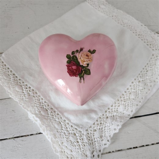Vintage Ceramic Heart Shaped Trinket Box Pink With Rose Design - Etsy