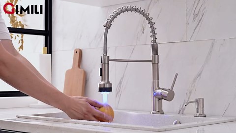 GIMILI LED Kitchen Faucet with Soap Dispenser, Modern Single Handle Spring Kitchen Sink Faucets with Pull Down Sprayer