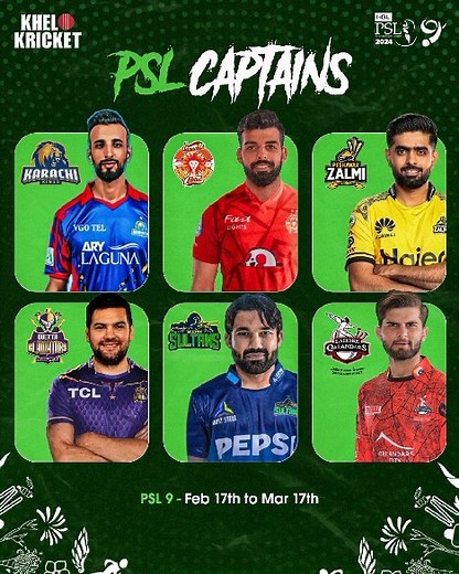 Meet the captains of PSL Season 9's six powerhouse teams, who are ready to lead their squads into the battlefield. Drop your pick in the comments below and let the hype begin!  #PSLSeason9 #CricketFever #CaptainShowdown #khulkekhel #Aaokhelokricket #khelokricket #cricket #Karachi #Pakistan | KheloKricket | Facebook