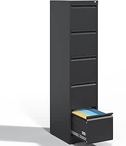 5 Drawer File Cabinet with Lock, Metal Vertical Filing Cabinets for Home Office, Steel Storage Cabinet for Hanging Legal/Letter Size Files, Assembly Required (Black)