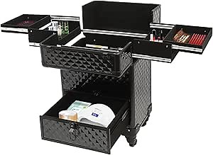 Rolling Makeup Train Case with Locks and Drawers, Professional Aluminum Cosmetic Trolley Cases with 4 Universal Wheels for Studio or Travelling Nail Technician Artists (Black)