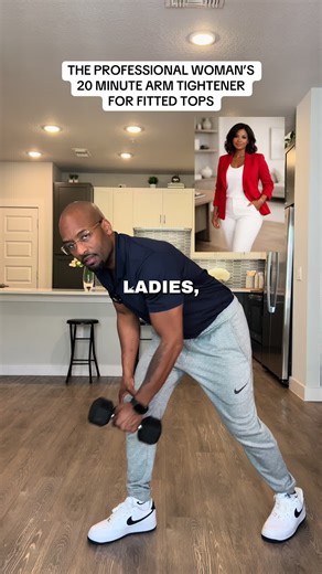 Twenty Minute Upper Body Workout 4 total rounds. Rest 60 seconds between rounds. 1. Isolated Rows 10 reps each arm Slow squeeze at the top to tighten the upper back. 2. Close Grip Pushups 10 reps Keeps the triceps tight and shapes the back of the arms. 3. Rear Delt Flies 15 reps Opens the shoulders and smooths the upper back. 4. ISO Lateral Raises 15 reps each side Creates that sleek shoulder line that makes blazers sit cleaner. 5. Static Bicep Curls 10 reps each arm Locks in arm shape without b