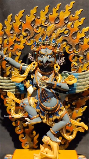 The Garuda is of great importance in the Dzogchen and Nyingma tradition as it personifies wrathful aspects of Guru Rinpoche and is a guardian of hidden treasures. Garuda represented with a human upper body, big eyes, beak, short blue horns, hair standing on end, bird's claws & wings. Garuda is a very big bird & comes out of the egg fully grown. He symbolises the space element & the power of the sun, which can dry up the waters. Therefore he is the natural enemy of snakes & devours or controls th