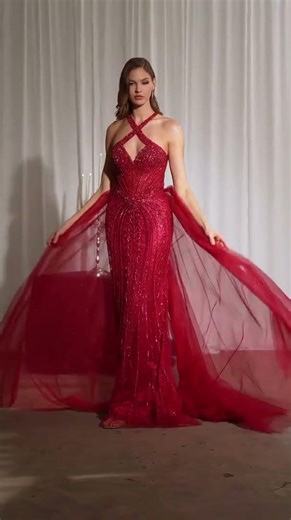 Ladivine CC495 - Halter Crossover Neckline Beaded Gown