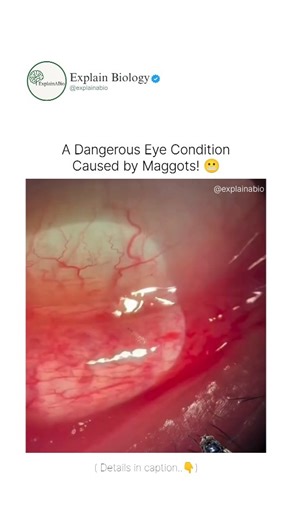 BIOLOGY | MEDICAL | LIFE on Instagram: "Ophthalmomyiasis is a rare but serious eye infection caused when fly larvae (maggots) enter the eye. These larvae can get deposited especially in rural areas, or in people with poor eye hygiene, leading to severe irritation and damage. Main symptoms include: 🔹 Intense eye pain 🔹 Redness and swelling 🔹 Constant tearing 🔹 Feeling of movement in the eye This condition needs urgent medical treatment to prevent vision loss. Follow us @explainabio for more ✨