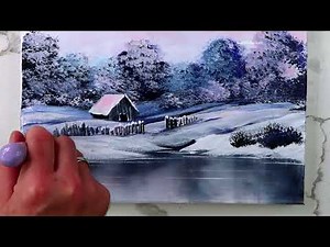 How to paint Winter Cabin with Fence and Snow Covered Trees by the frozen pond | Acrylics