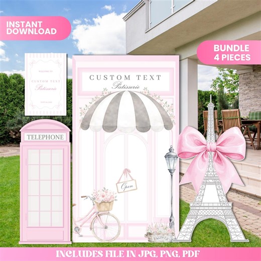 Paris Patisserie Party Bundle, Pink Paris Cafe Backdrop, Pink Eiffel Tower Prop, Telephone Booth Prop, Paris Welcome Sign, Paris Birthday - Etsy Canada