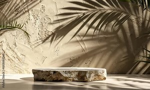 Imagine a pristine 3D render of a brown stone pedestal set amidst natural rocks, illuminated by gentle, warm sunlight, highlighting its natural textures and serene ambiance.