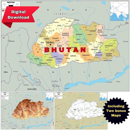 Bhutan Political Map   Physical & Road (instant Digital Download Printable A3) - Etsy Canada