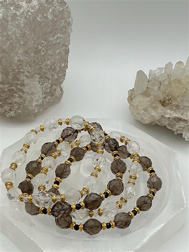Clear Quartz Faceted Gemstone Beaded Bracelet With Gold Accent Spacers | 8mm Natural Crystal Jewelry | Smoky Quartz Faceted - Etsy