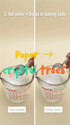 Cardstock Growing Crystal Trees You'll Need: White cardstock or thin cardboard (cereal box weight works well) Scissors Shallow dish or plate Very hot water (adult help) Borax or baking soda Liquid food coloring Spoon Pencil (optional, for tracing) Step-by-Step: Step 1: Create the Trees Draw or trace a simple tree shape onto the cardstock. Cut out two identical trees. Cut a slit halfway down the center of one tree from the top. Cut a slit halfway up the center of the second tree from the bottom. 