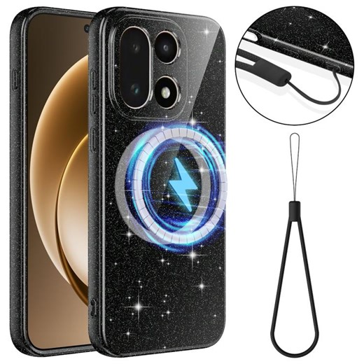 [$3.71] For OnePlus 15 Fine Hole Glossy Glitter Magnetic TPU Phone Case with Same Color Hand Strap(Black)