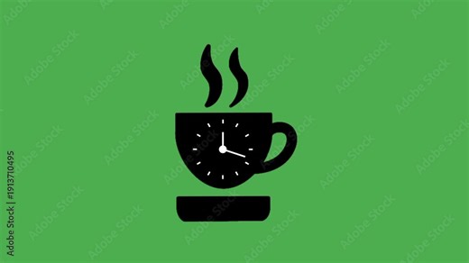 Break time animation with coffee icon and clock symbol representing rest period and relaxation moment.