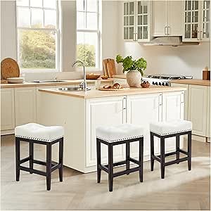 Counter stools Set of 3,Fabric Saddle Square Stools,24 Inch Counter Height Barstools,Easy to Assemble,Rice White+deep Coffee Wooden Leg