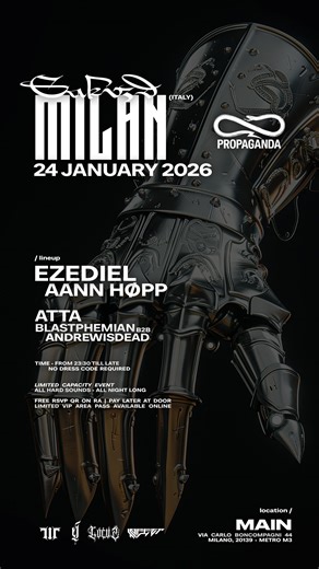 SVKR3D on Instagram: "SVKR3D invites @propagandaclothing_ on January 24th —when everything hard meets the sound of the dark night. Hard Techno, Hard Bounce, Hard Groove: all night long. Within the veins of Milan, we welcome you into MainClub —a bunker-style venue of chains and smoke, built for a turbulent, tribal dance that will shake your bones. SVKR3D brings the holy medieval reckoning that lives in your soul. Everyone is welcome —no antagonism, no hate— only one united force. This is our spac