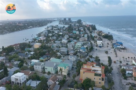 An aerial look at Treasure Island at first light post Hurricane Helene. Crews are on the island starting cleanup to get roads passable. Search and rescue operations continue | The City of Treasure Island, Florida