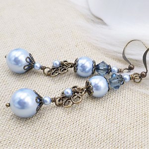 Light Blue Pearl Dangle Earrings: Victorian Brass Filigree, Bridal Jewelry - Etsy