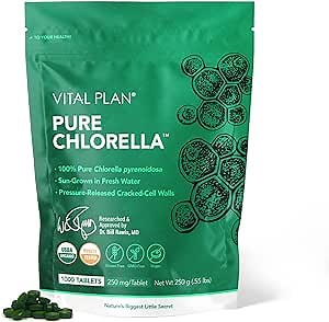 Vital Plan Pure Chlorella Tablets - Sun Grown Chlorella Pyrenoidosa Supplement by Dr. Bill Rawls w/Broken Cell Wall - Organic Chlorella w/Chlorophyll, Cracked Cell Wall & No Fillers (1000 Tabs)