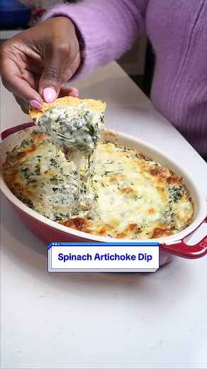 Easy Spinach Artichoke Dip Recipe Below: Ingredients: 1 garlic clove minced 1 8 oz can artichoke hearts drained, rinsed & chopped 8 oz cream cheese softened to room temp 1/3 cup sour cream 1 10z packaged frozen chopped spinach thawed and juice squeezed out 1 cup shredded mozzarella cheese 1/2 cup shredded parmesan cheese 1/2 cup shredded provolone cheese Pinch of salt 1 tsp Red pepper flakes How to: Preheat the oven to 400 degrees. Grease a small baking dish. In a mixing bowl add the chopped art
