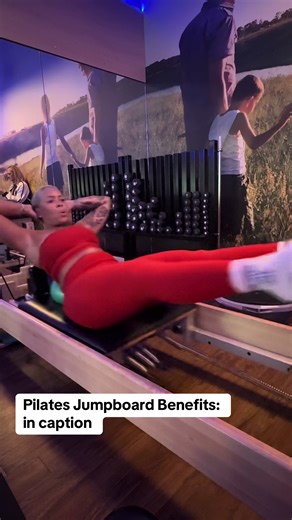 Pilates jumpboard reformer exercise provides numerous benefits, including enhanced cardiovascular fitness, improved coordination, and increased muscle strength, particularly in the lower body. It also serves as a low-impact alternative for injury rehabilitation and enhancing joint mobility. #pilates
