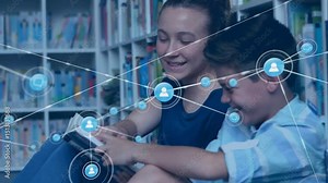 Teenage girl reading pointing text in library, causing icons forming net overlay, brother listening