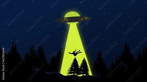 2d Cartoon Animation Of UFO Captured A Men, Ufo Flying In The Dark Sky And Blinking Stars Flickering. Ufo Light Rays Captured A Men In The Jungle Nigh View. Allian Concept Background, UFO Flying