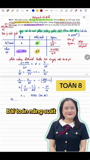 Bài toán năng suất TOÁN 8 CLB TOÁN HỌC PI Bồi dưỡng toán thcs online toàn quốc và offline tại HN Cô Nguyễn Lan Hương #decuonghk2toan8 #toancohuong #toan8chuongtrinhmoi #onthihk2toan8 #giaibaitoanbangcachlapphuongtrinh