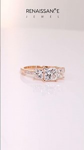 Rose gold Three-Stone Princess Cut Diamond Ring with Pavé Band and Prong Setting