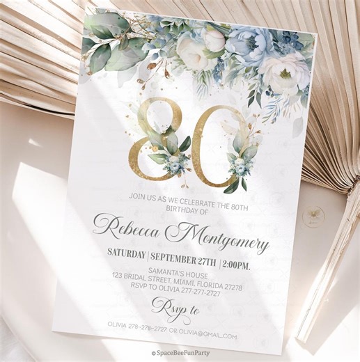 80th Birthday Invitation Editable Elegant Floral Eighty Year Old Brunch Invitation 80th Birthday Invite for Her Adult Birthday Template A1 - Etsy