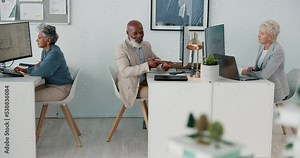 Computer, tablet or architect collaboration in modern office for internet blueprint, construction ideas or vote on architecture vision. Technology, talking or mature real estate engineers in teamwork