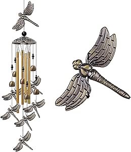 Garden Dragonfly Wind Chimes Outdoor Decor - With 4 Tubes 6 Bells 7 Dragonflies Mobile Romantic Wind Catcher, Dragonfly Windchimes for Home, Xmas Mom Gifts, Festival, Balcony, Garden Decoration