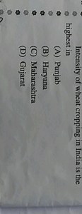 Intensity of wheat cropping in India is the highest in:(A) Pun... | Filo