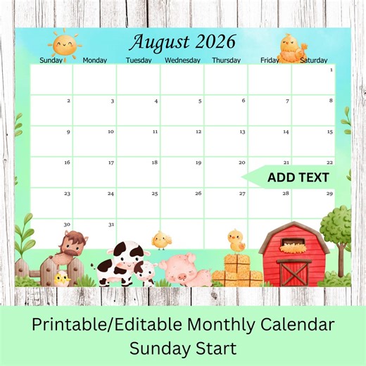 August 2026 Editable Calendar, Summer Farm Planner, Monthly Kids School Schedule, Office/work/home Planner, PDF/PNG, Instant Download - Etsy Australia