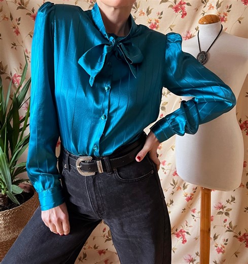 Vintage Pussy Bow Satin Blouse M 80s, Party Shirt Glam Shiny Metallic Peplum - Etsy Australia