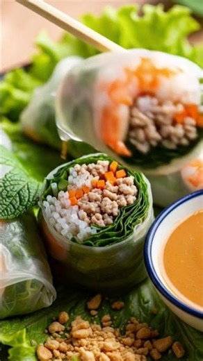 Gỏi Cuốn (Fresh Spring Rolls): Translucent rice paper rolls filled with shrimp, pork, herbs,
