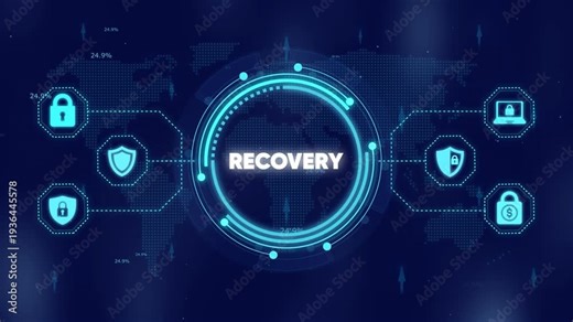 Business recovery concept with cyber security data restoration motion graphics showing digital world map and protection icons including shield and padlock symbols over glowing high tech background