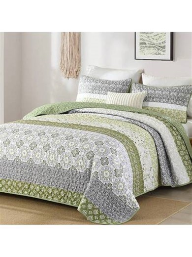 3 Piece Bed Quilt Set Queen Size, Olive Green Boho Quilt Set California, Soft And Comfortable Bedding Set For All Seasons, Home Decor Bohemian Striped Patchwork Bedspread Coverlet Set With 2 Pillowcases, Lightweight Microfiber Floral Bedding Set, Bedroom Decor Valentine's Day Gift | SHEIN