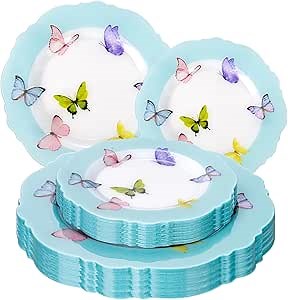 WDF 20PCS Blue Butterfly Plates - Baroque Spring Plates Disposable - Light Blue Butterfly Party Decorations for Birthdays/Tea Party/Bridal Shower