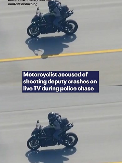 Viewer Discretion Advised: A motorcyclist accused of shooting a deputy crashed into a car on live TV during a police chase in San Bernardino County, California. ------------------ A motorcyclist suspected of shooting a sheriff's deputy in Rancho Cucamonga was arrested after a freeway pursuit. The suspect was apprehended following a collision with another vehicle on the eastbound 210 Freeway near Ontario. The extent of injuries to both the deputy and the suspect is currently unknown.